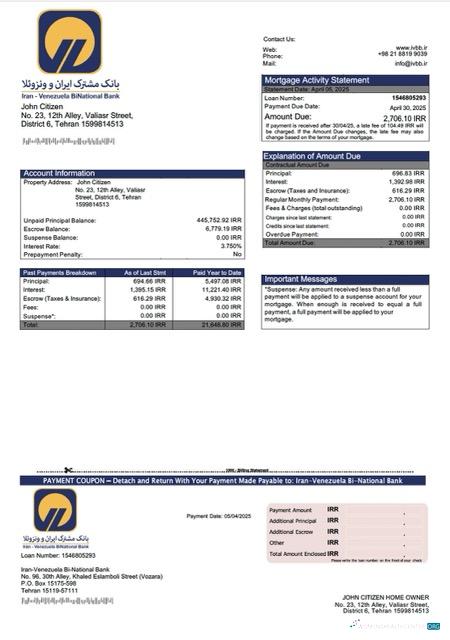 Download Iran Venezuela Bi National Bank mortgage statement Word and PDF template Photoshop template